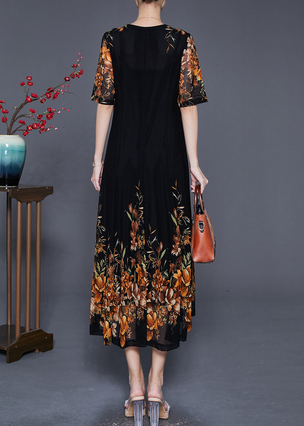 Mesh Elbow Sleeve V-Neck Band Hem A-Line Midi Dress