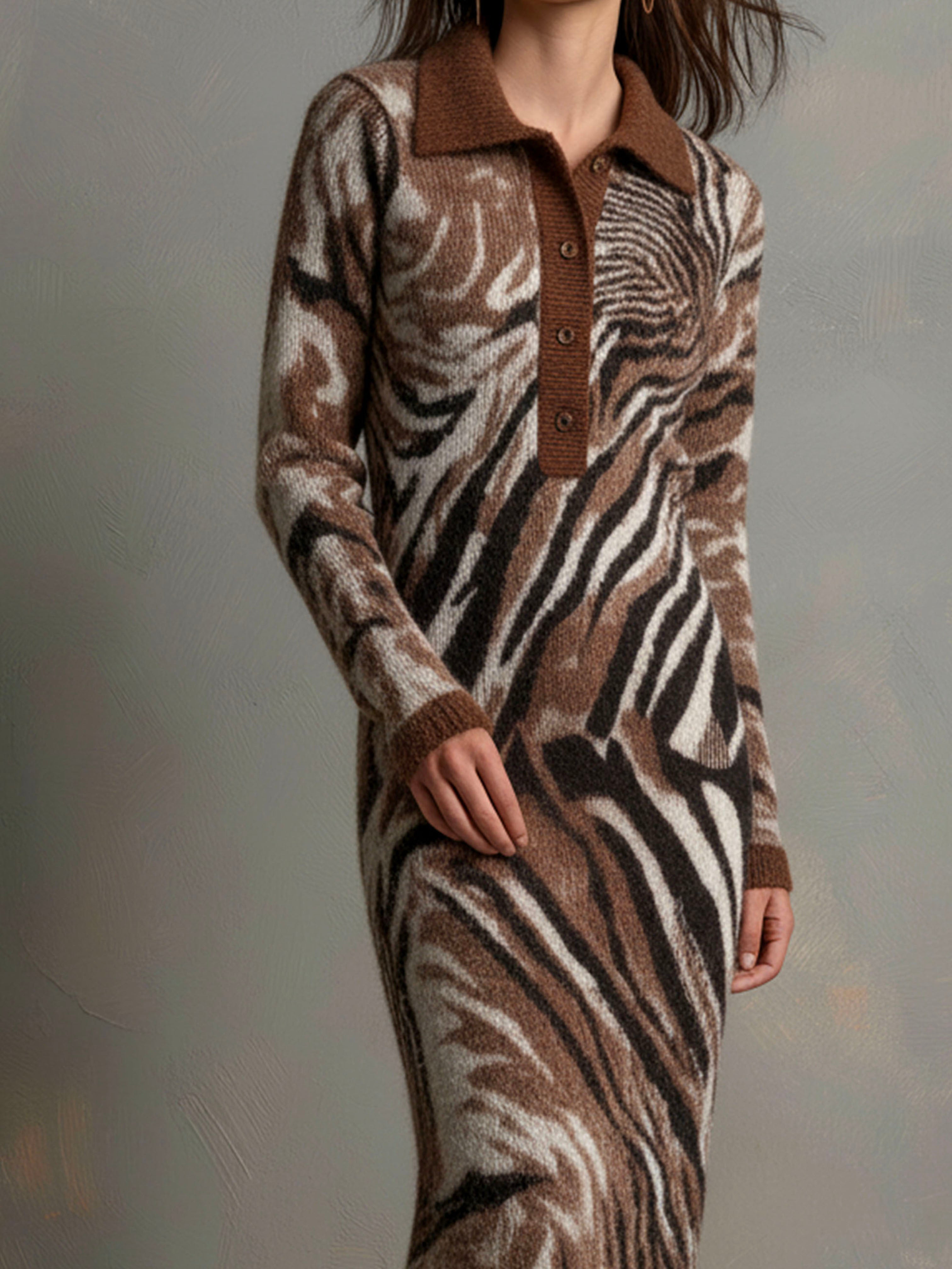 Fuzzy Polo Collar Brown Zebra Pattern Knit Sweater Dress