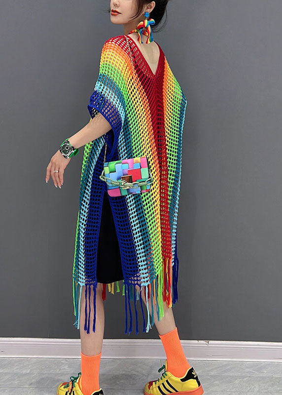 V-Neck Crochet Mesh Oversized Fringe Hem Mini Dress