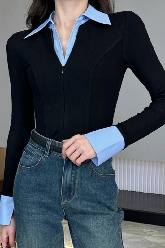 Collared Zip Front Faux Two Piece Contrast Cuff Long Sleeve Top