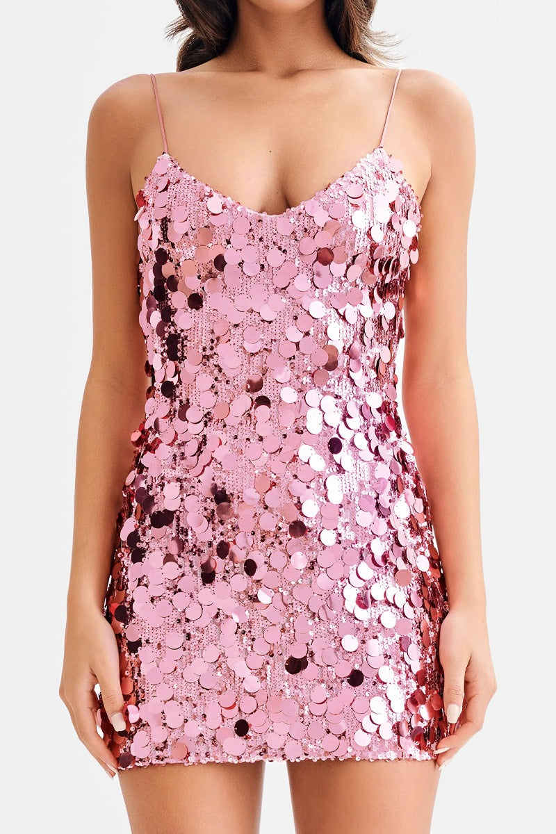 Disc Sequin Spaghetti Strap Cowl Neck Bodycon Mini Dress
