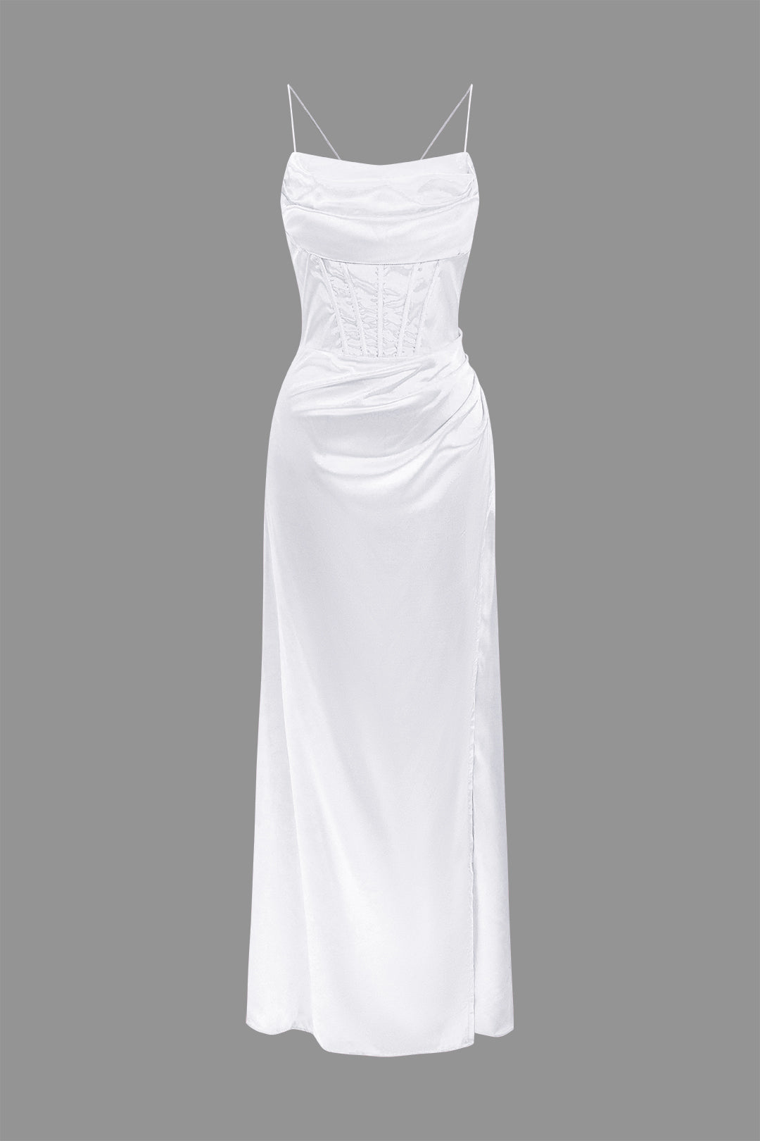 Satin Cowl Neck Corset Bodice Spaghetti Strap High Split Maxi Gown 12
