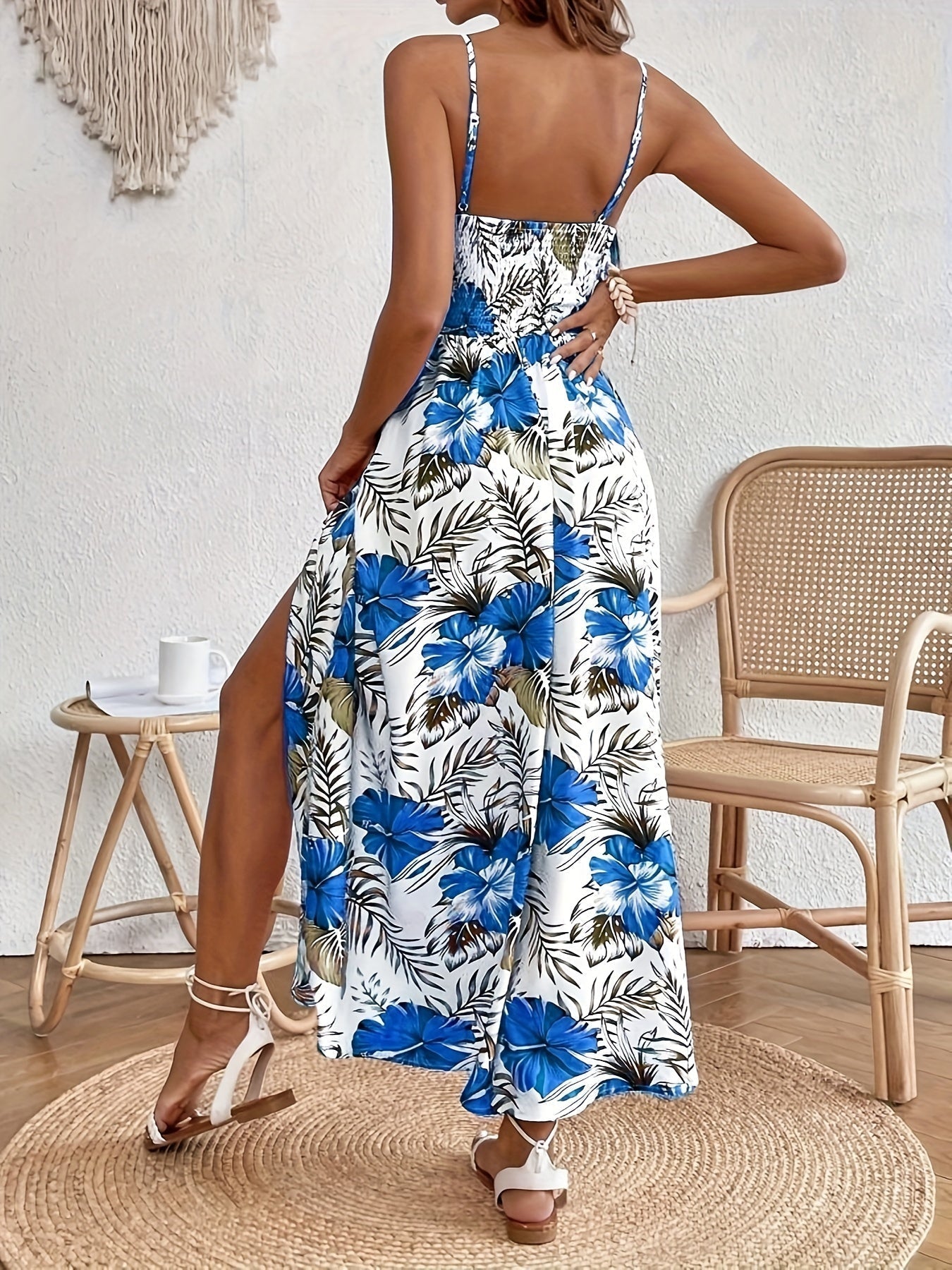 Maple - Floral V-Neck Suspender Maxi Dres Blue
