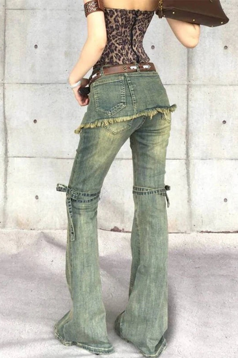 Low Rise Skirt Overlay Frayed Hem Bow Knee Flare Jeans 4