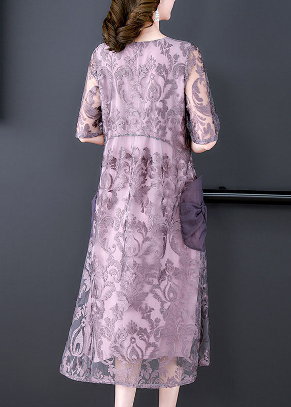 Burnout Damask Floral Mesh Overlay Round Neck Short Sleeve Layered Midi Dress