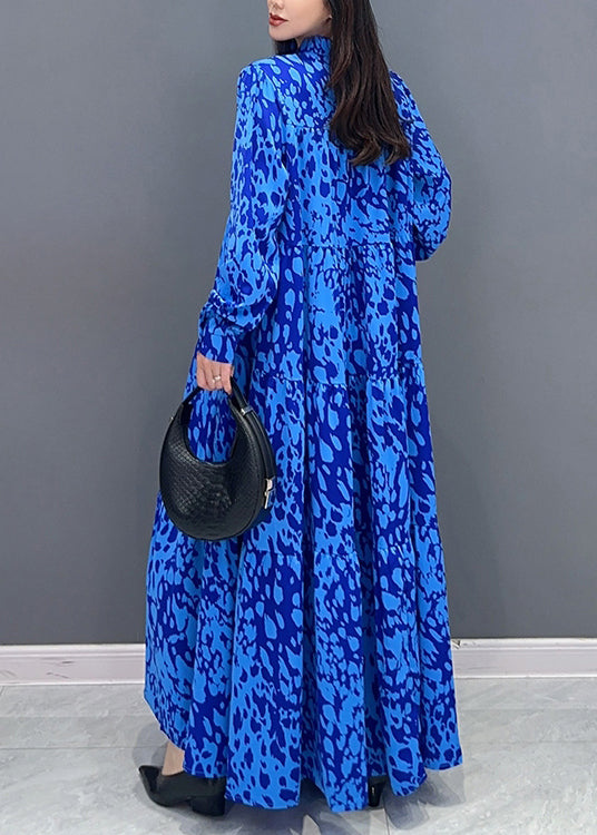 Abstract Print Mandarin Collar Button Front Tiered Long Sleeve Oversized Maxi Dress