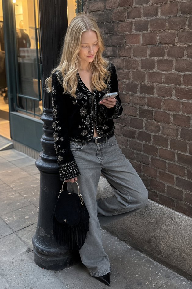 Long Sleeve Embroidered Velvet Jacket