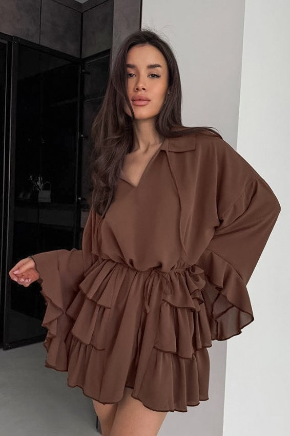 Chiffon Collared V-Neck Flared Sleeve Tiered Ruffle Mini Dress