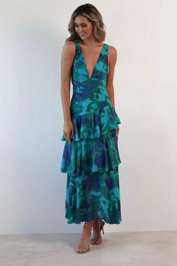 Floral Deep V-Neck Sleeveless Tiered Ruffle Chiffon Maxi Dress