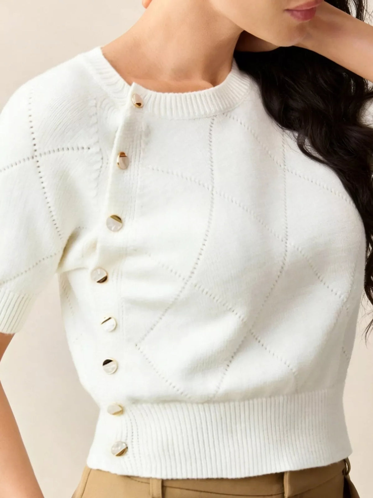 Crew Neck Short Sleeve Diamond Pointelle Knit Button Shoulder Sweater 3
