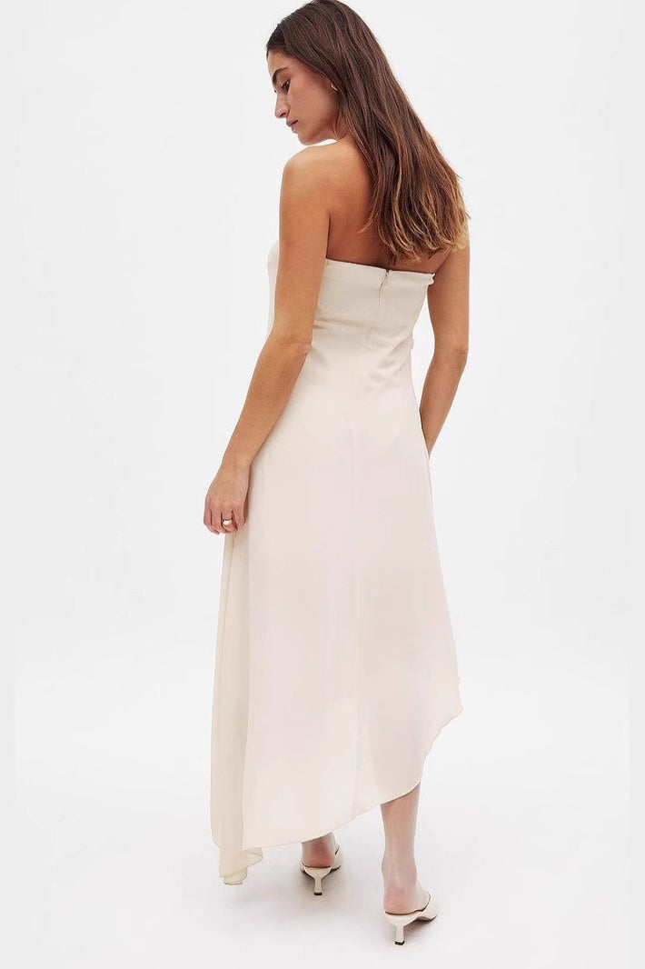 Strapless Ruched Asymmetric Bodycon Formal Midi Dress