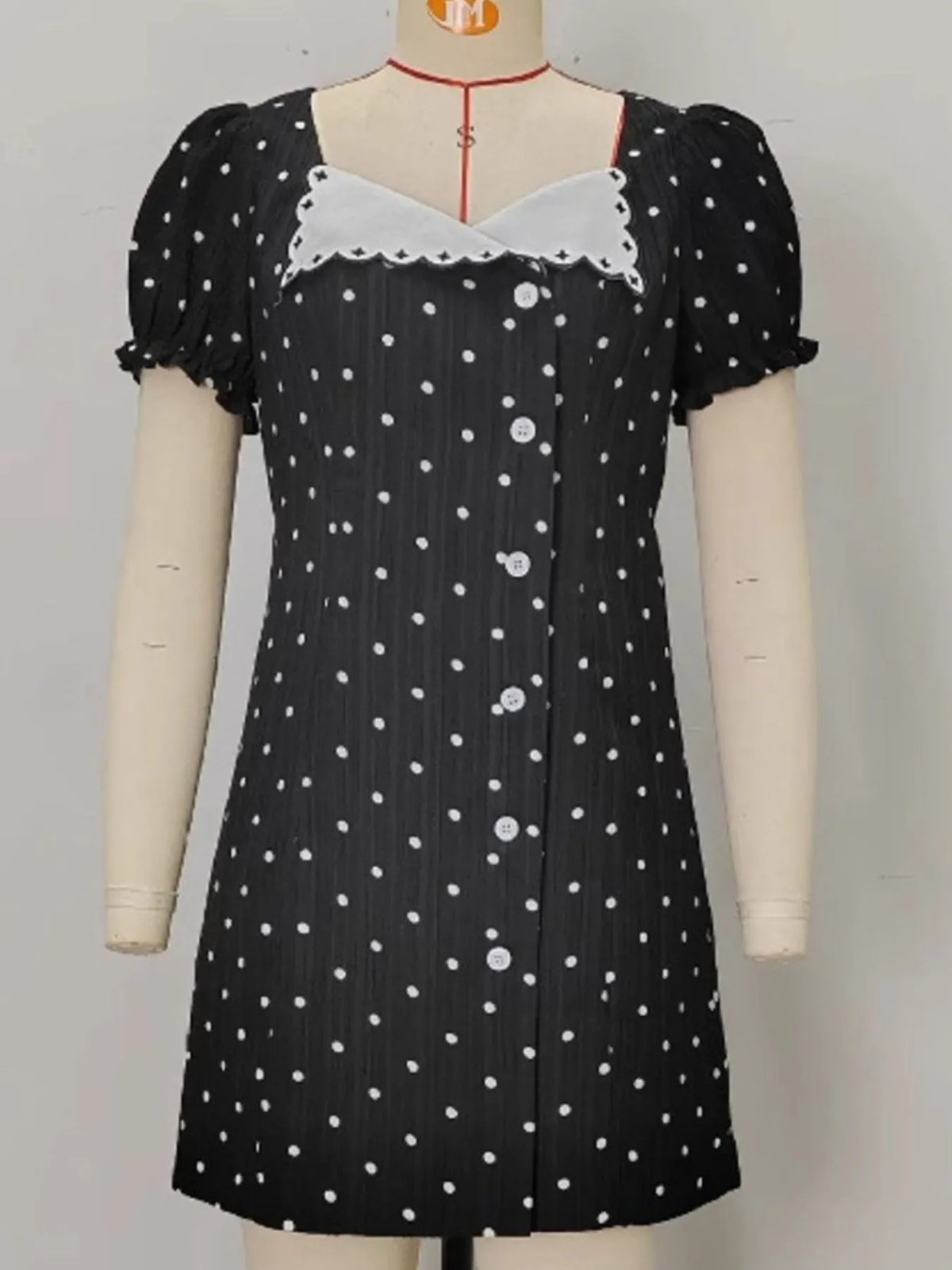 Polka Dot Lace Collar Puff Sleeve Button Front Mini Dress 5