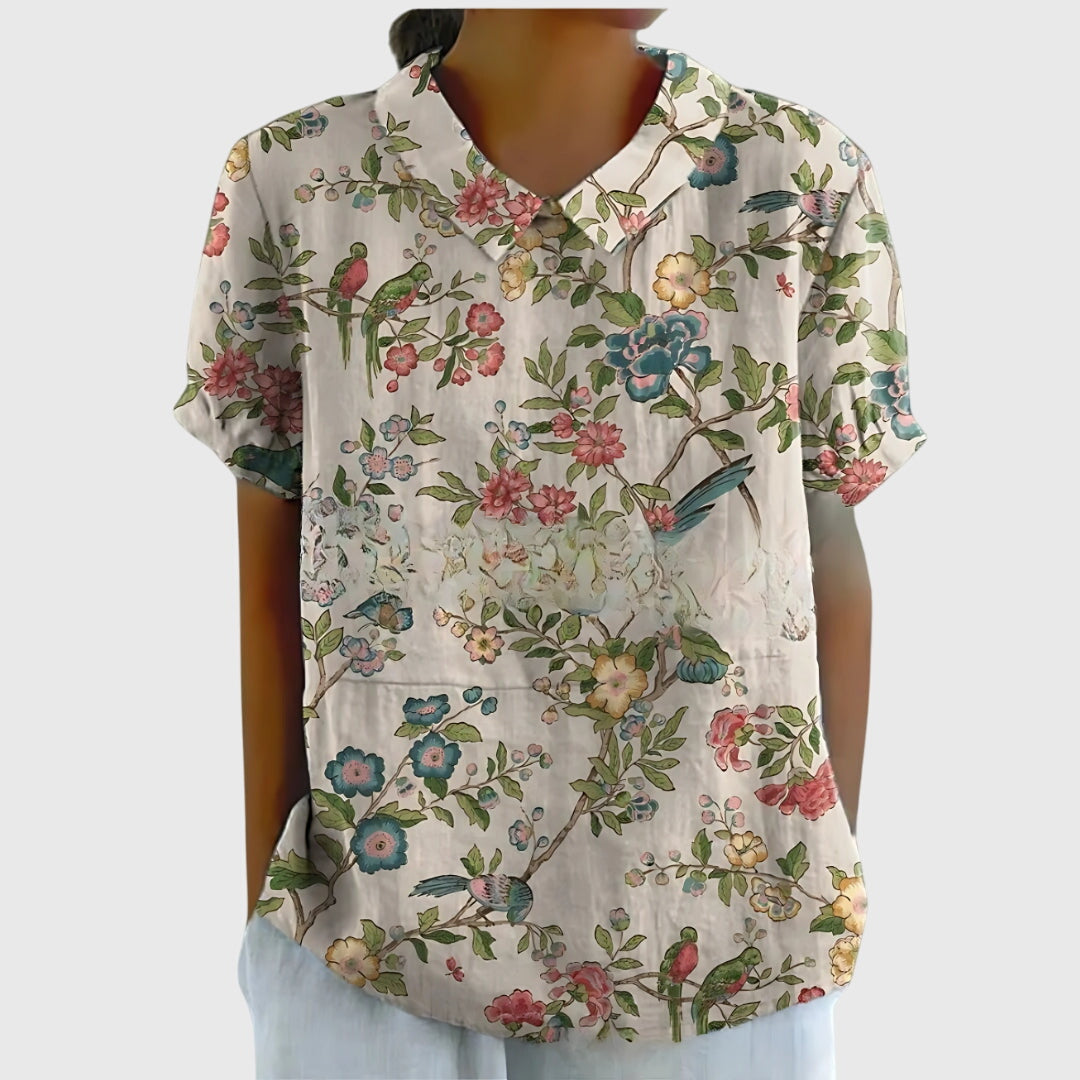 Floral Print Notch Neck Short Sleeve Linen Blouse 6