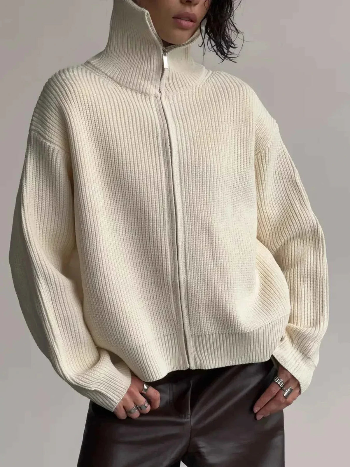 High Neck Zip Front Ribbed Knit Oversized Cardigan