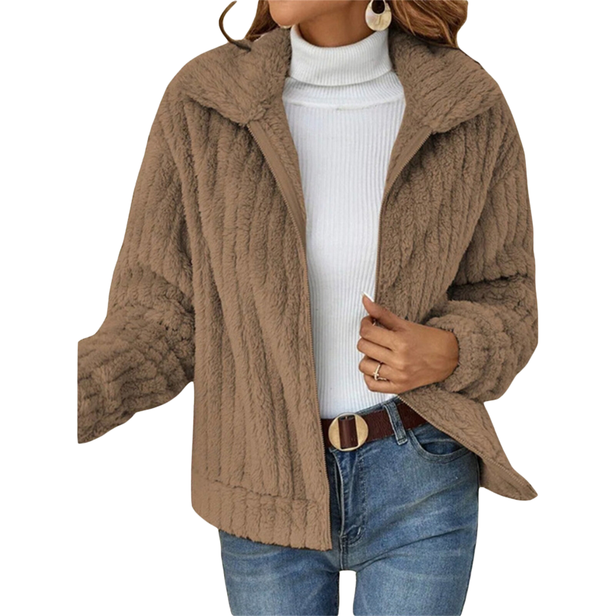 Fuzzy Fleece Lapel Collar Open Front Jacket