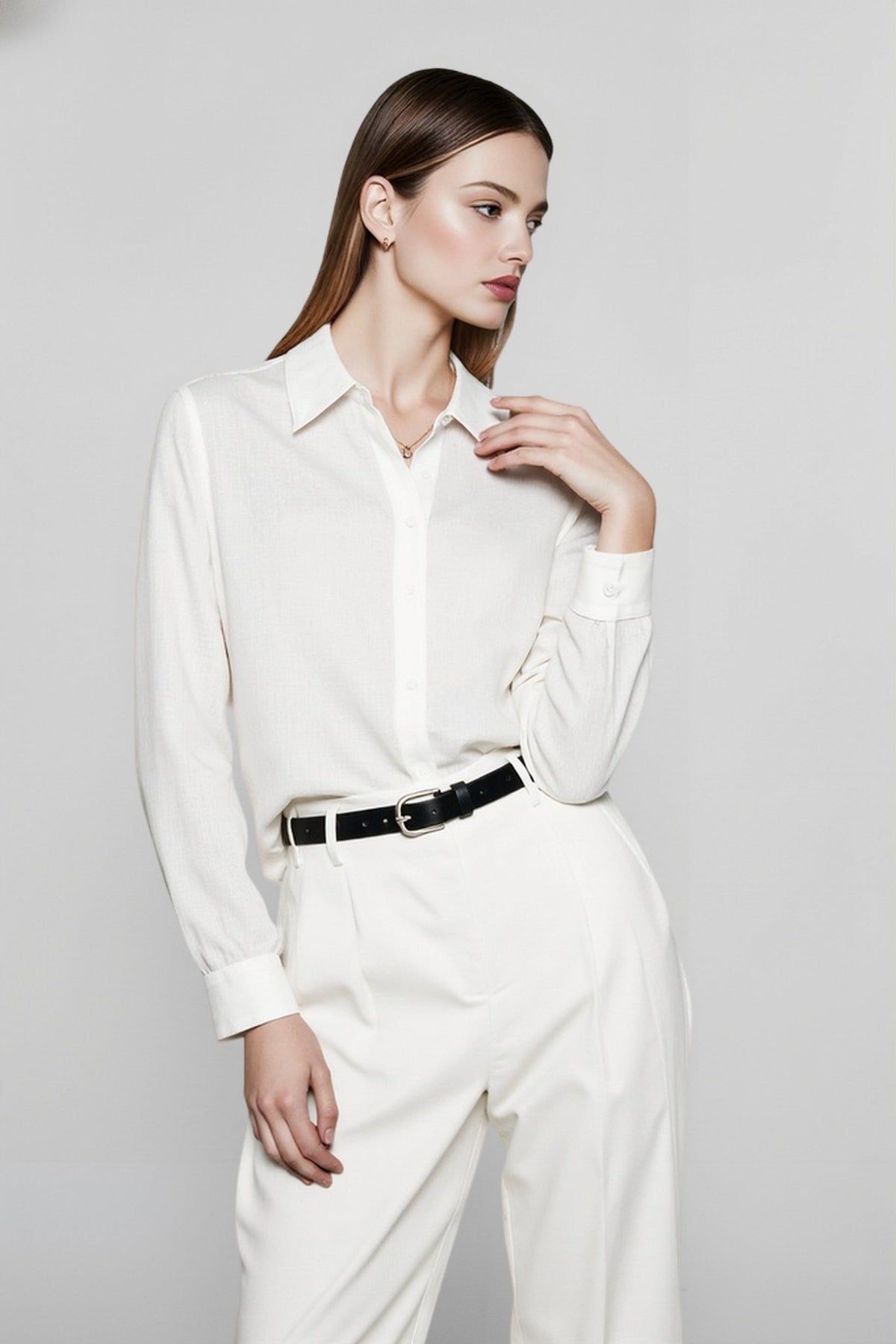 Pointed Collar Long Sleeve Linen Look Curved Hem Button Up Shirt 6