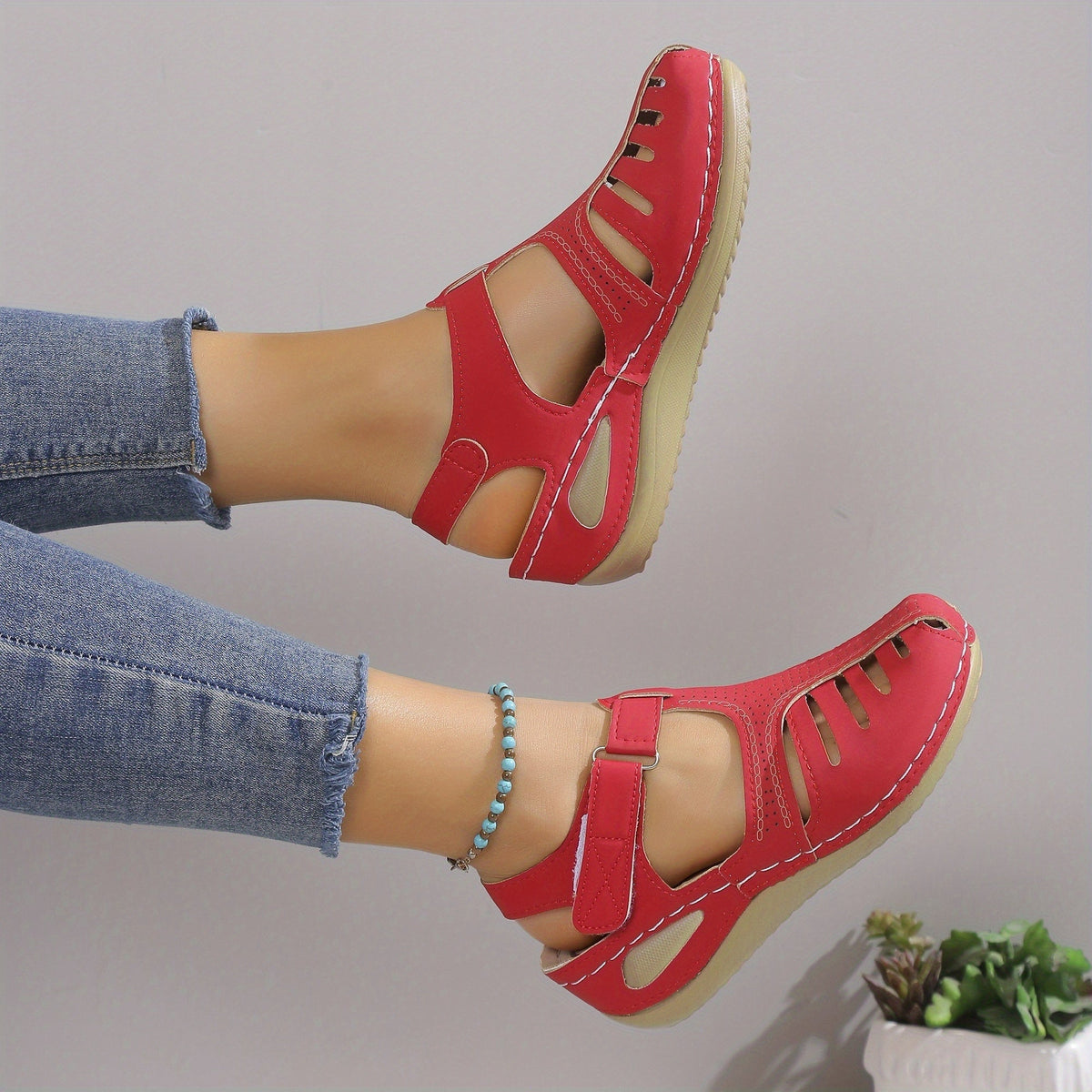 Closed Toe Cut Out Hook and Loop Wedge Sandals