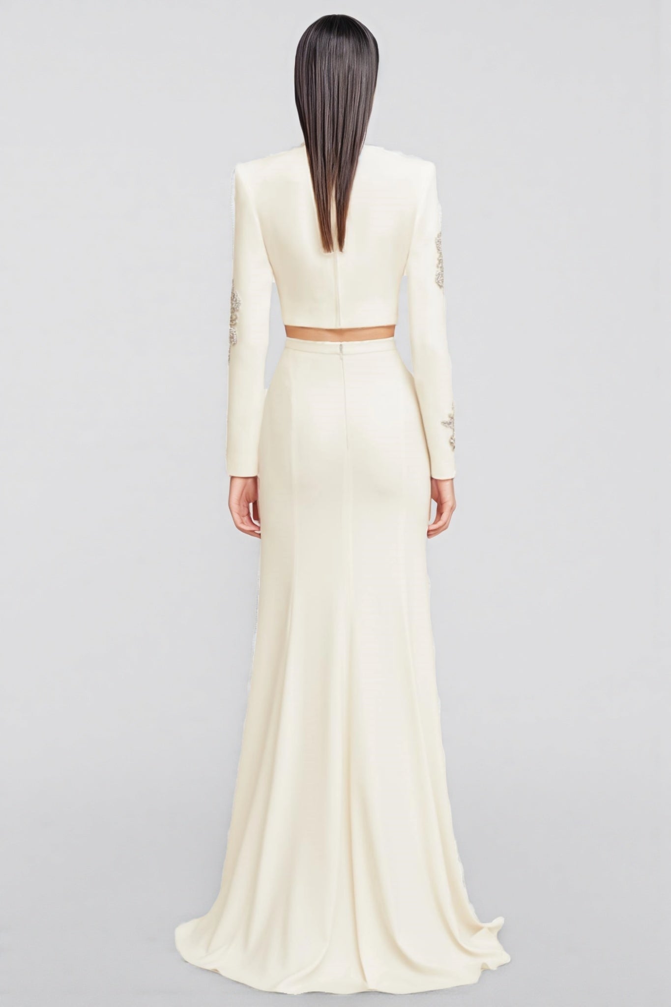 Beaded Floral Appliqué Long Sleeve Crop Top Maxi Skirt Two Piece Set