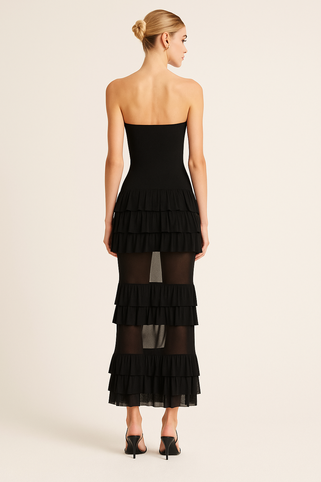 Strapless Tiered Ruffle Mesh Midi Dress 2