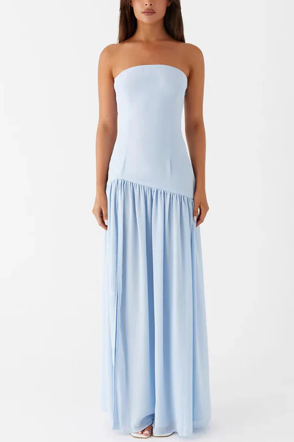 Strapless Drop Waist Gathered Skirt High Split Maxi Dress 3