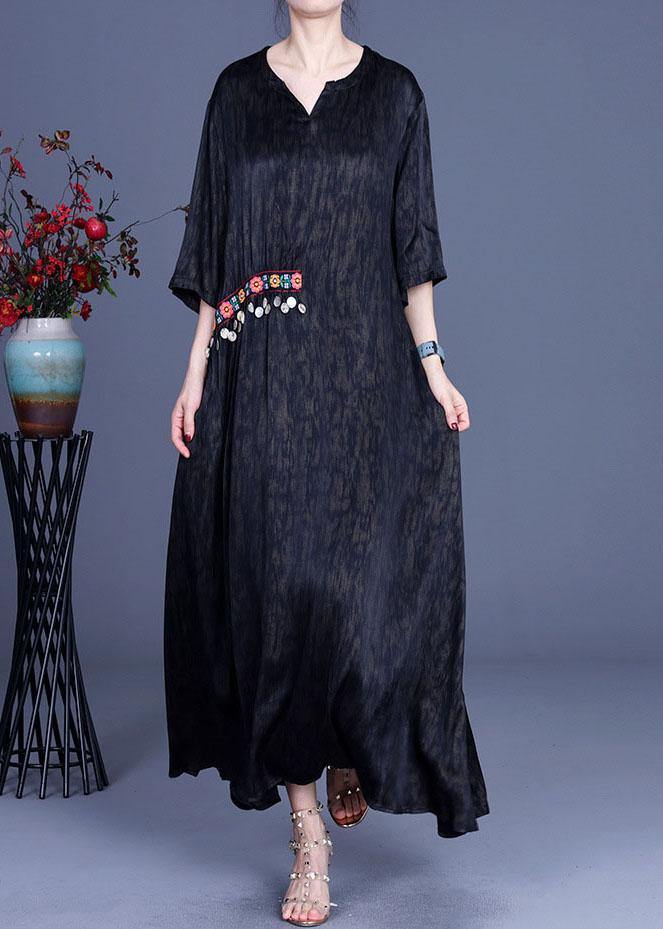 Stand Collar Wide Sleeve Floral Embroidery Coin Charm Crinkled Maxi Dress