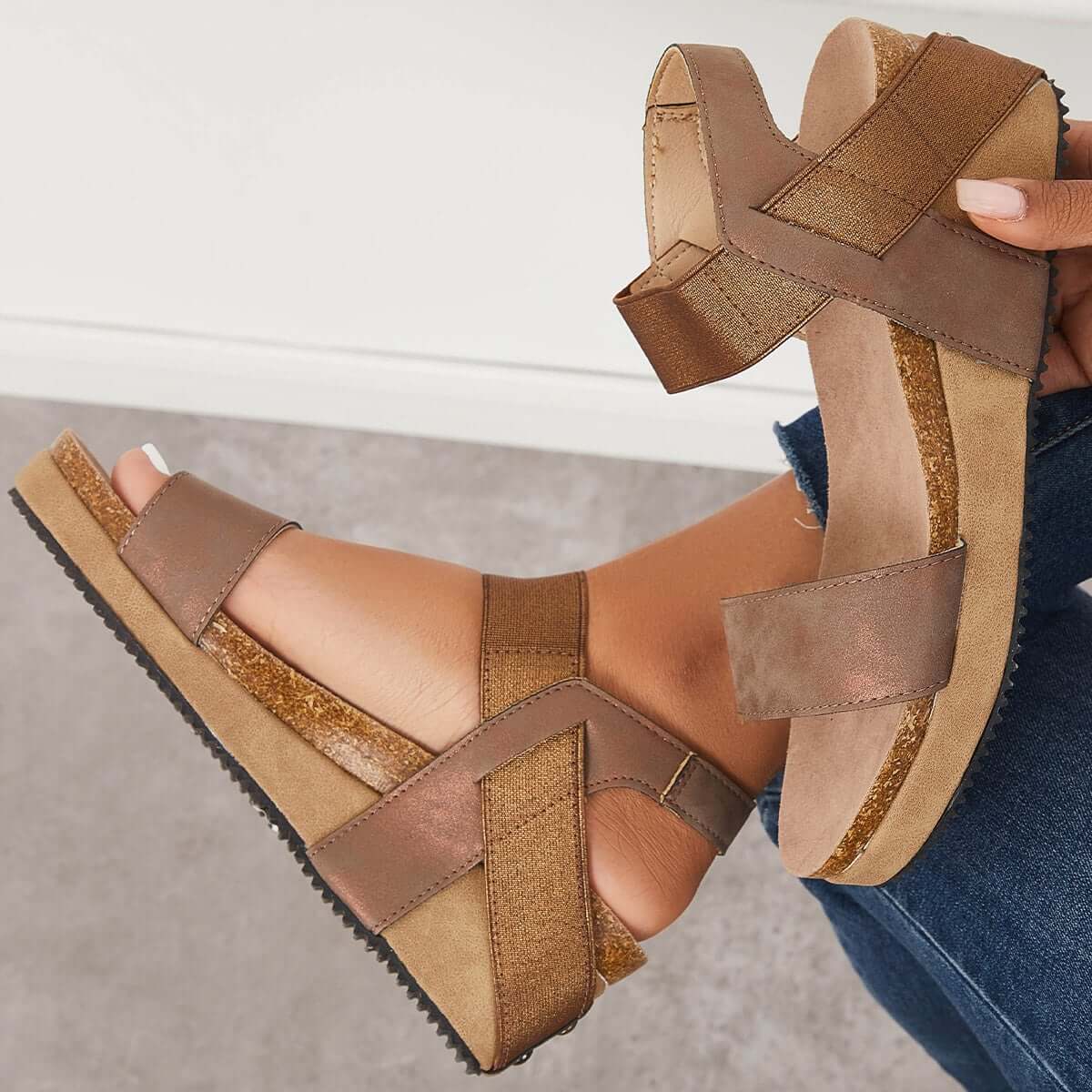 Open Toe Cork Footbed Platform Wedges Ankle Strap Sandals