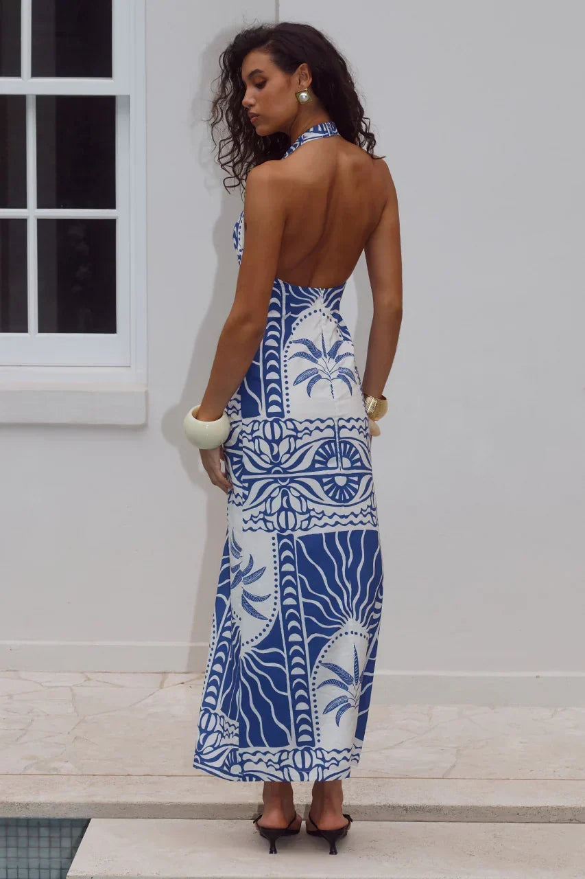Tropical Print Plunge Halter Neck O-Ring Maxi Dress 2
