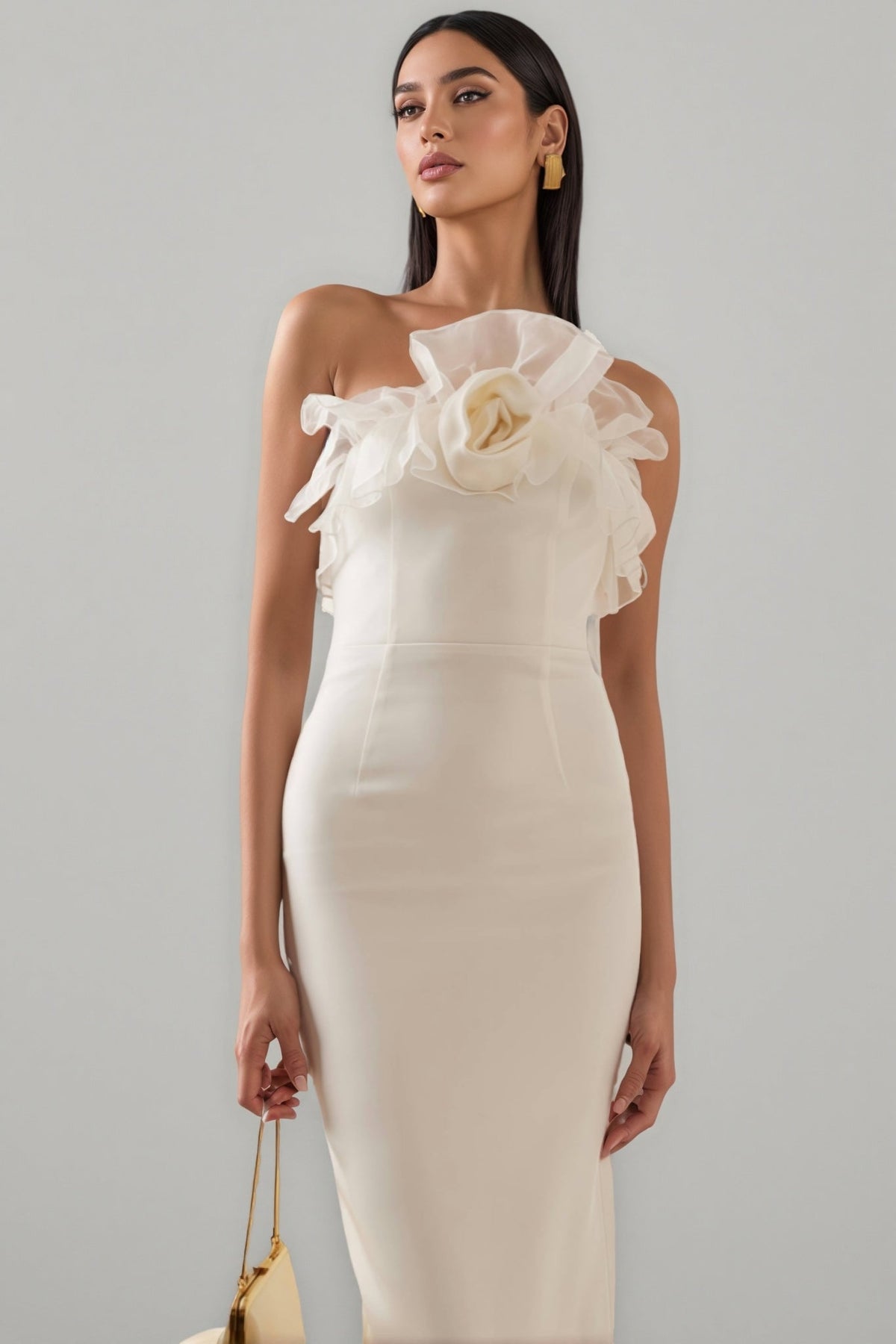 Strapless Organza Ruffle Rosette Trim Column Maxi Dress 2