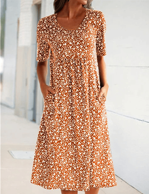 Ditsy Floral Round Neck Short Sleeve Pocket Midi Dress 5