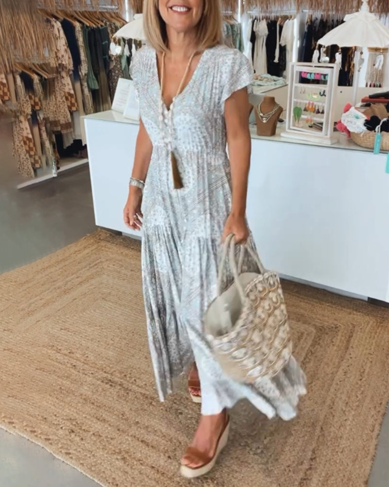 V-Neck Flutter Sleeve Buttoned Tiered Boho Maxi Dress