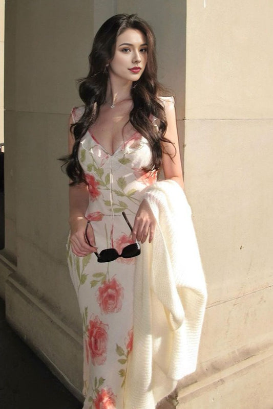 Backless Deep V-Neck Floral Dress