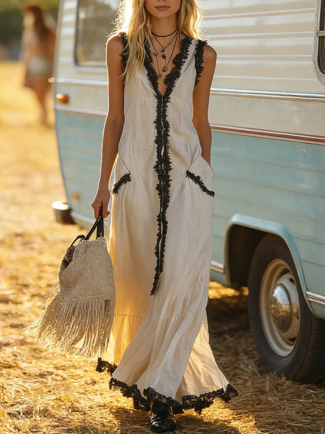 Contrast Trim Sleeveless Maxi Dress