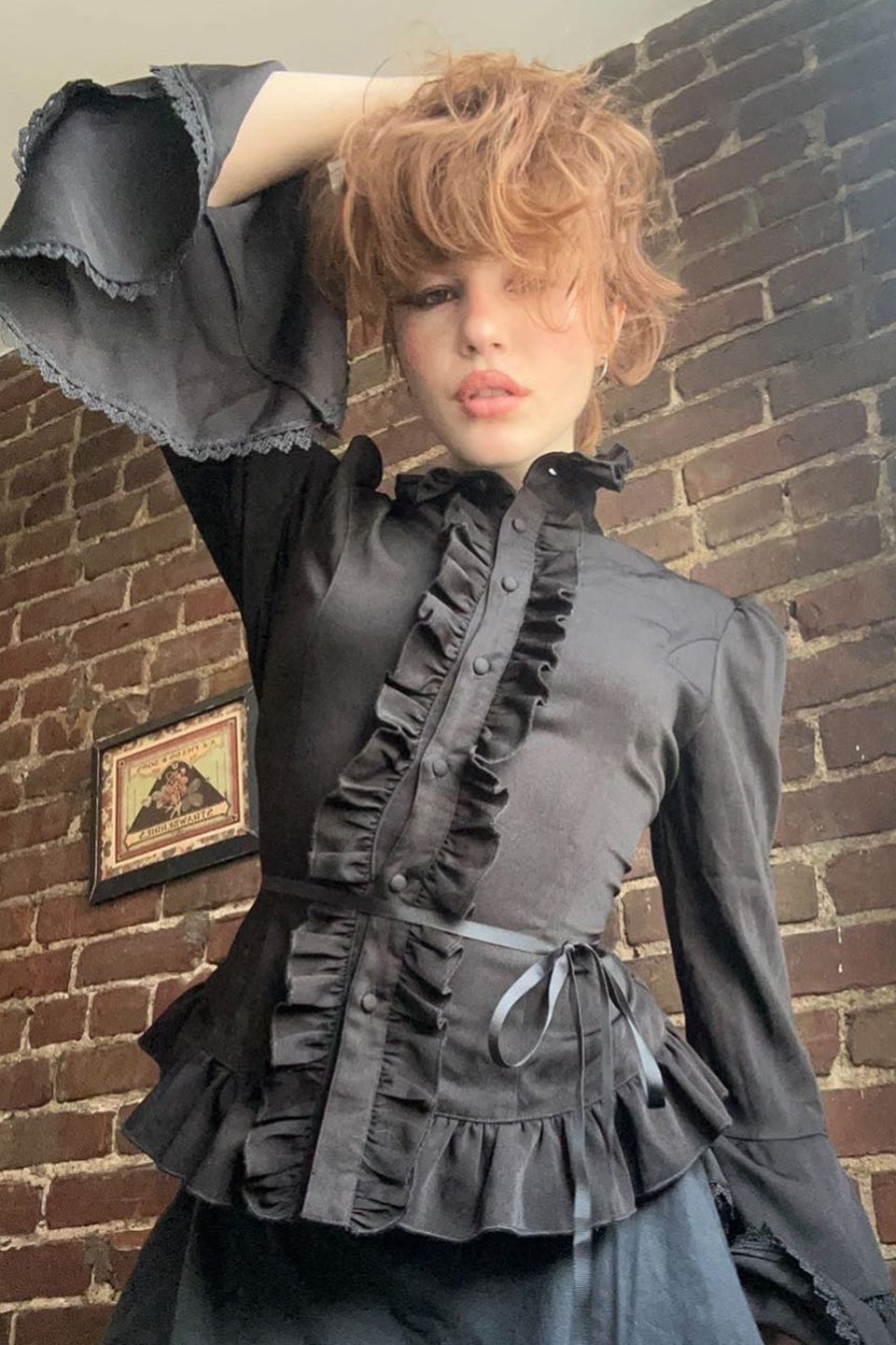 High Neck Ruffle Front Bell Sleeve Ribbon Tie Waist Peplum Blouse 4