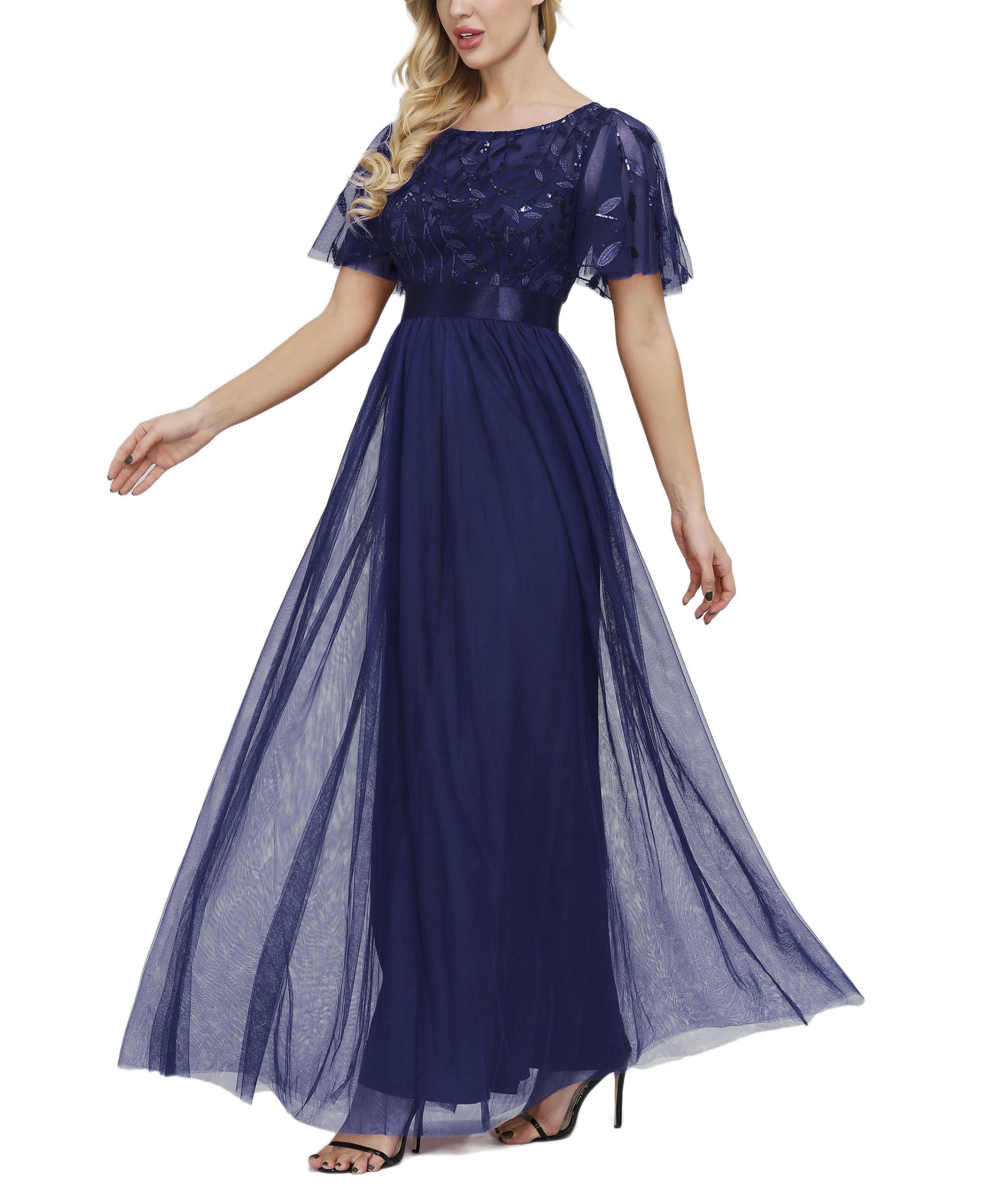 Sequin Short Sleeve Empire Waist Tulle A-Line Maxi Dress