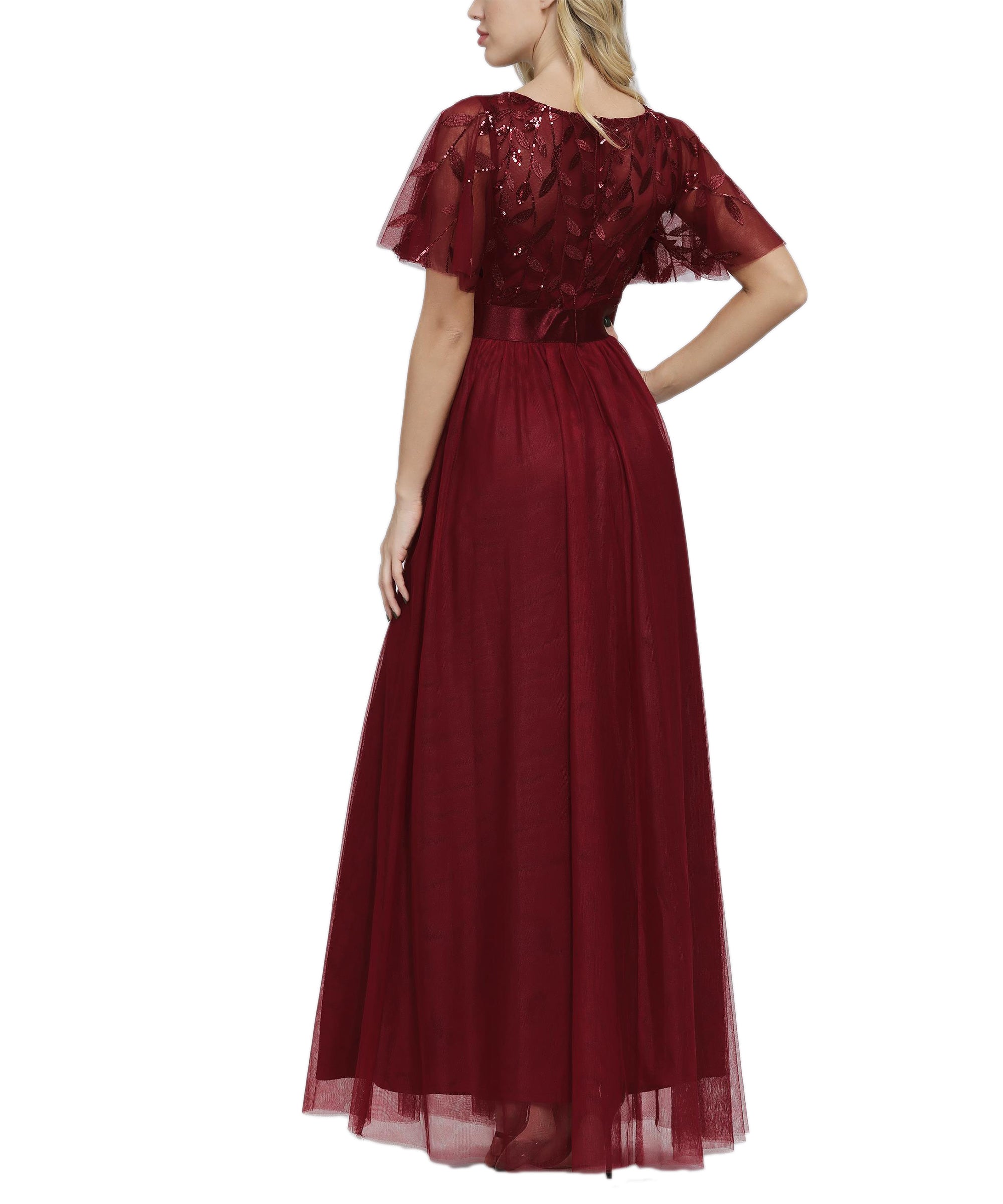 Sequin Short Sleeve Empire Waist Tulle A-Line Maxi Dress