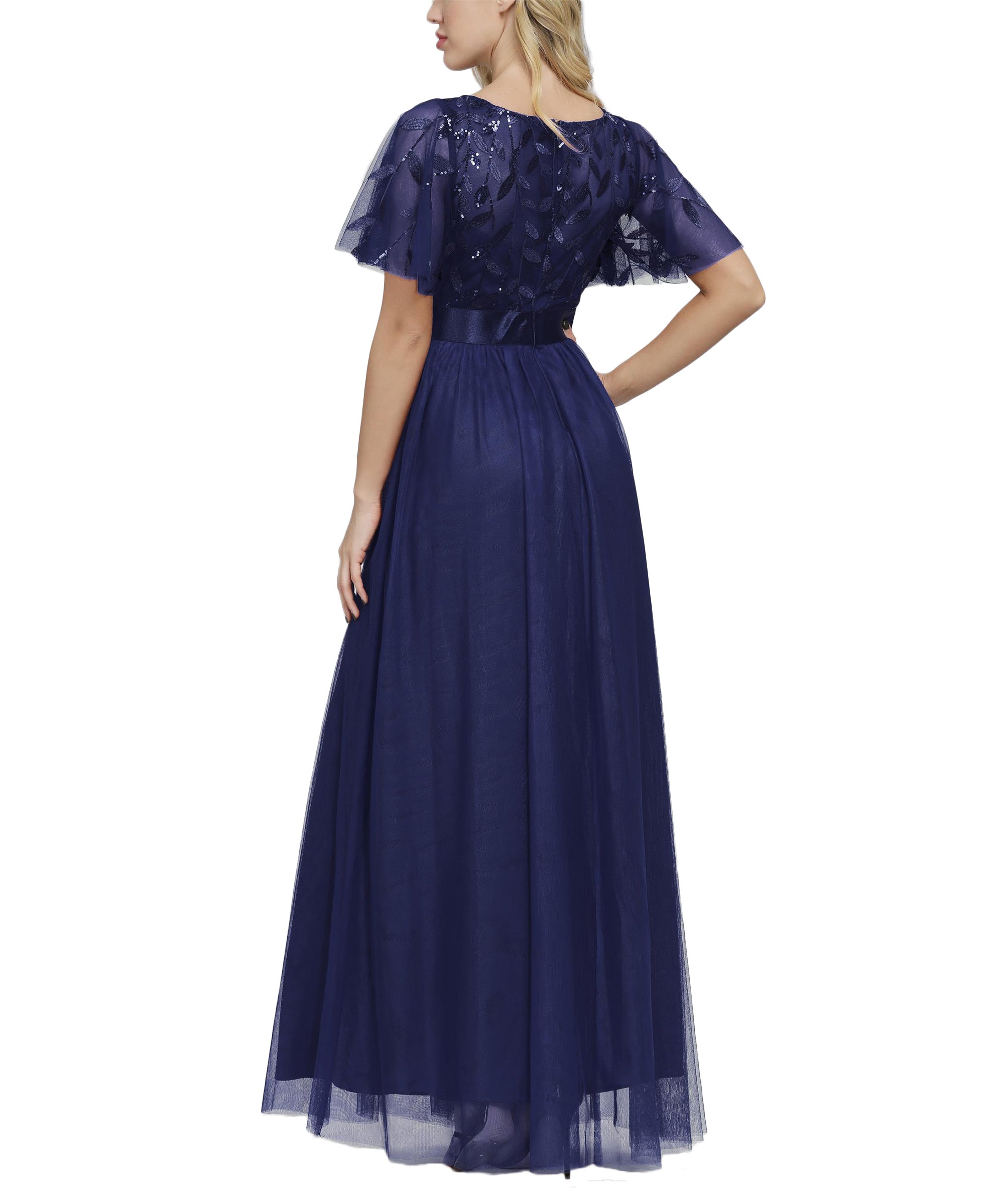 Sequin Short Sleeve Empire Waist Tulle A-Line Maxi Dress