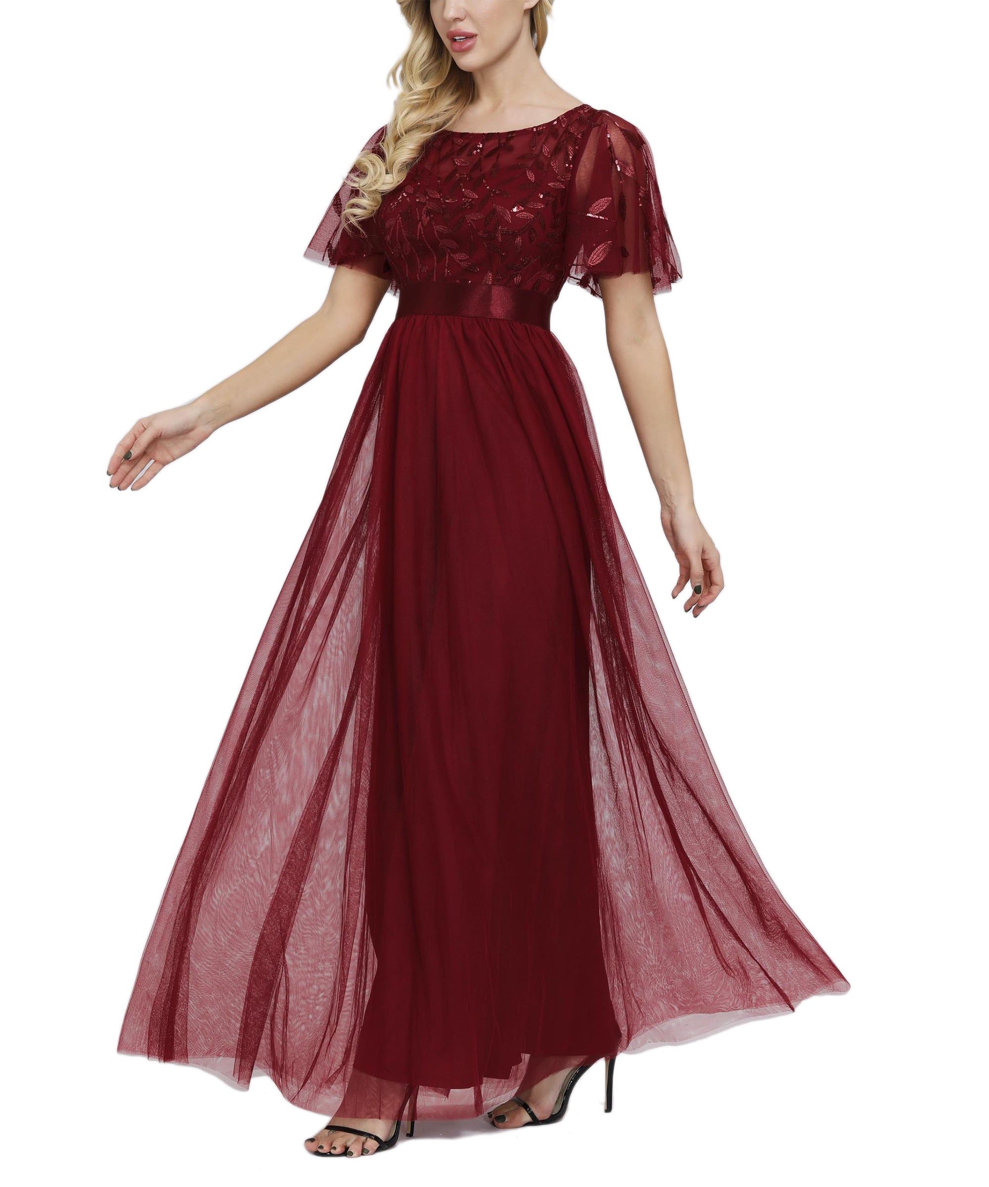 Sequin Short Sleeve Empire Waist Tulle A-Line Maxi Dress