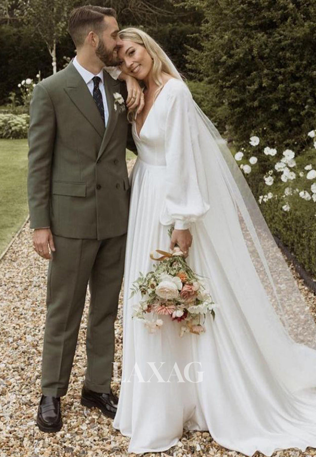 Deep V-Neck Long-Sleeves A-Line Wedding Dress Pleated Satin Backless Bride Gowns with Sweep Train