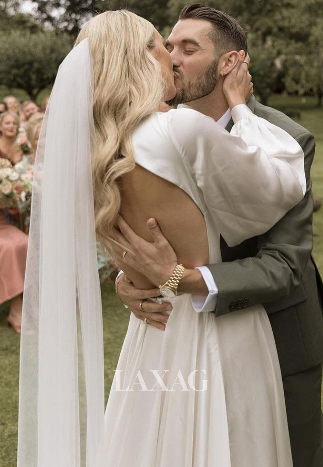 Deep V-Neck Long-Sleeves A-Line Wedding Dress Pleated Satin Backless Bride Gowns with Sweep Train