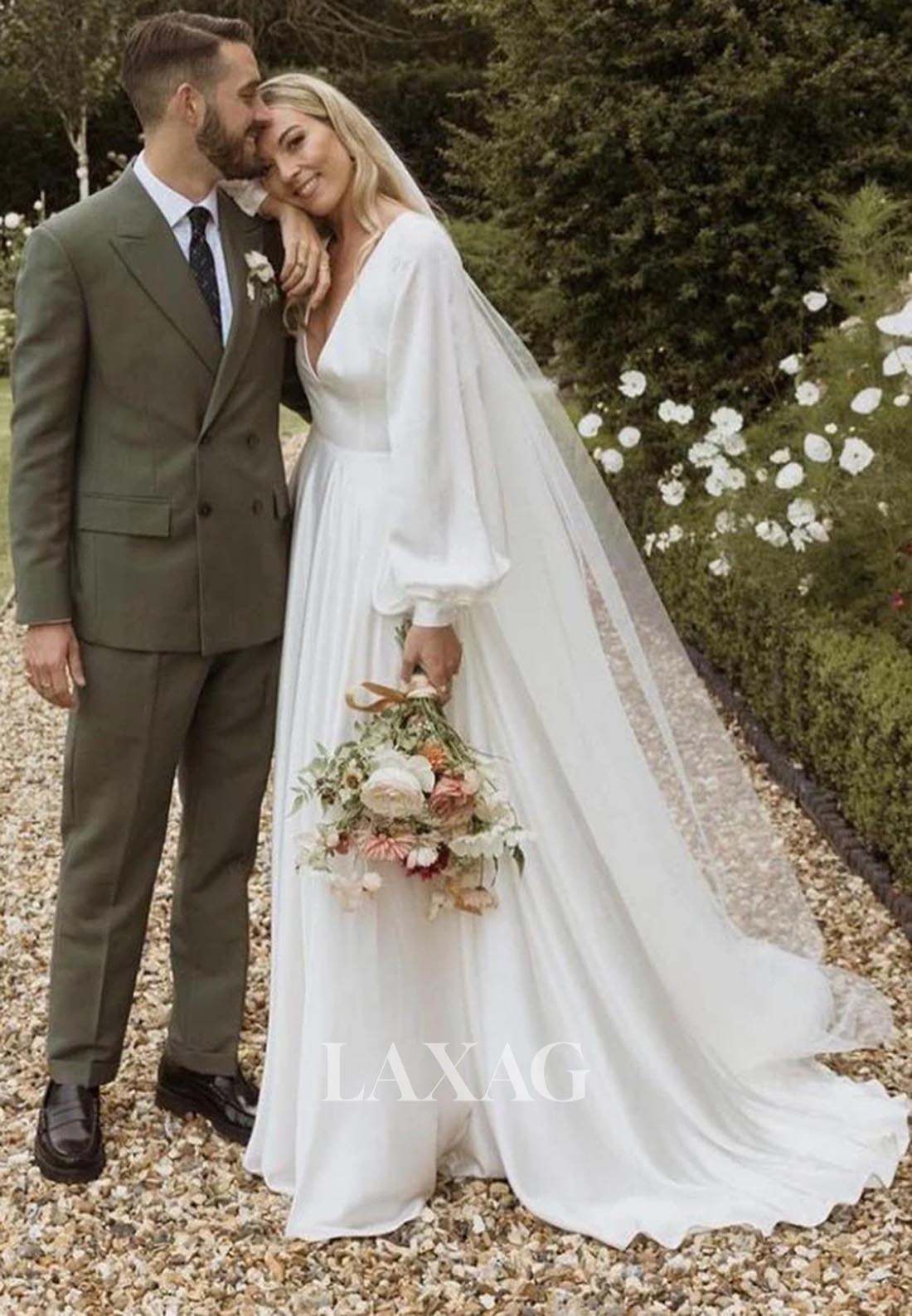 Deep V-Neck Long-Sleeves A-Line Wedding Dress Pleated Satin Bride Gowns with Sweep Train