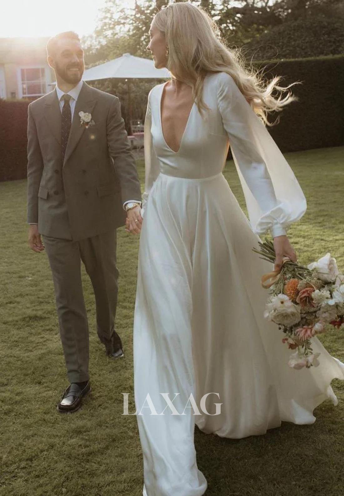 Deep V-Neck Long-Sleeves A-Line Wedding Dress Pleated Satin Bride Gowns with Sweep Train