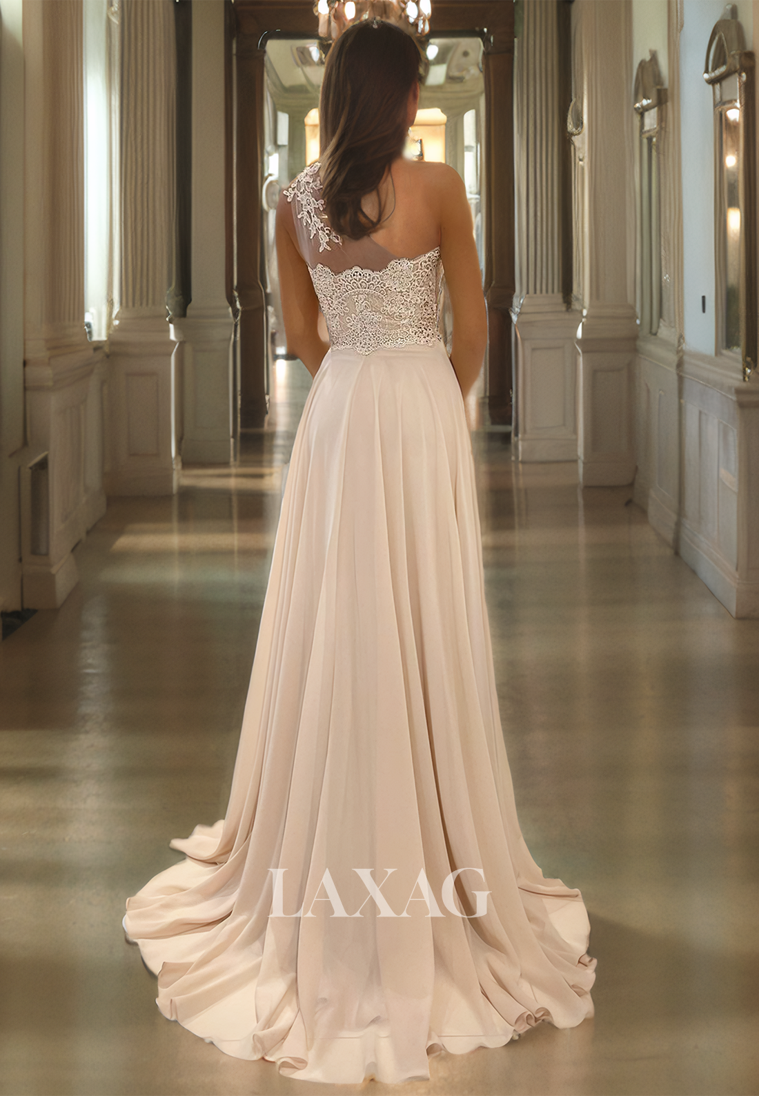 19785 - Unique One Shoulder Lace Appliques A-line Formal Evening Dress with Slit