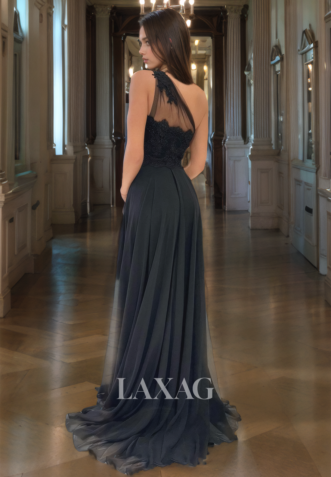 19785 - Unique One Shoulder Lace Appliques A-line Formal Evening Dress with Slit