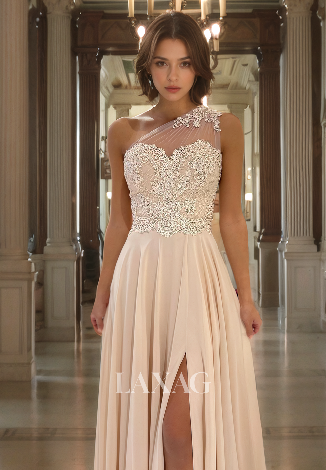 19785 - Unique One Shoulder Lace Appliques A-line Formal Evening Dress with Slit