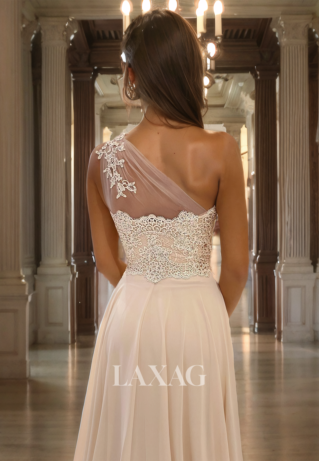 19785 - Unique One Shoulder Lace Appliques A-line Formal Evening Dress with Slit