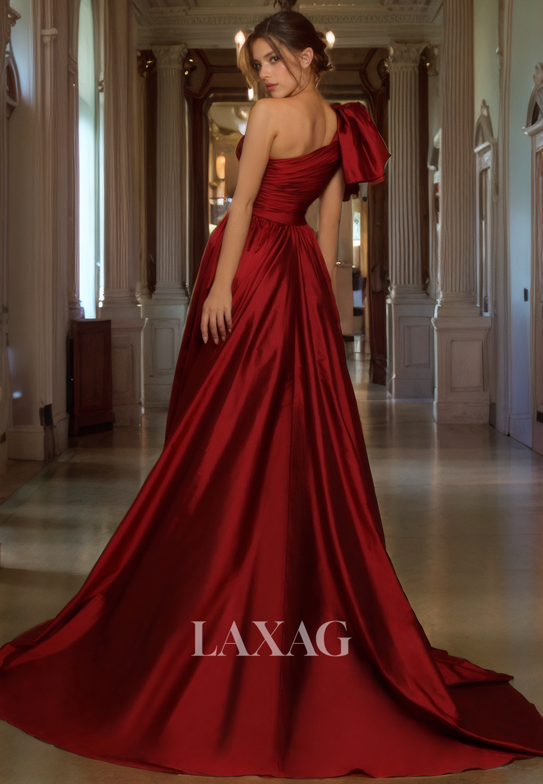 One-Shoulder Empire Pleated High Slit Formal Evening Dress Sleeveless Pleated A-Line Prom Dress