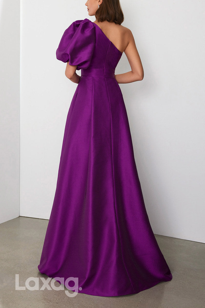 22875 - A-Line One Shoulder Puff Sleeves Sleek Satin Cocktail Party Formal Evening Dress