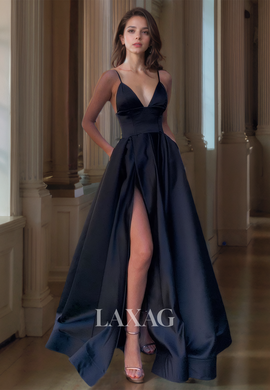 V-Neck Simple Elegant Long Formal Prom Dress Spaghetti Straps A-Line Party Dress with Pockets