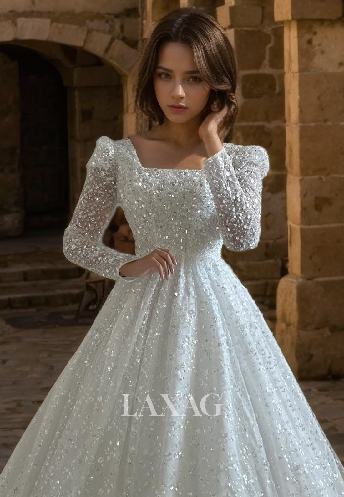 15506 - Sparkly Long Sleeves Glitter Sequined Bridal Wedding Gown