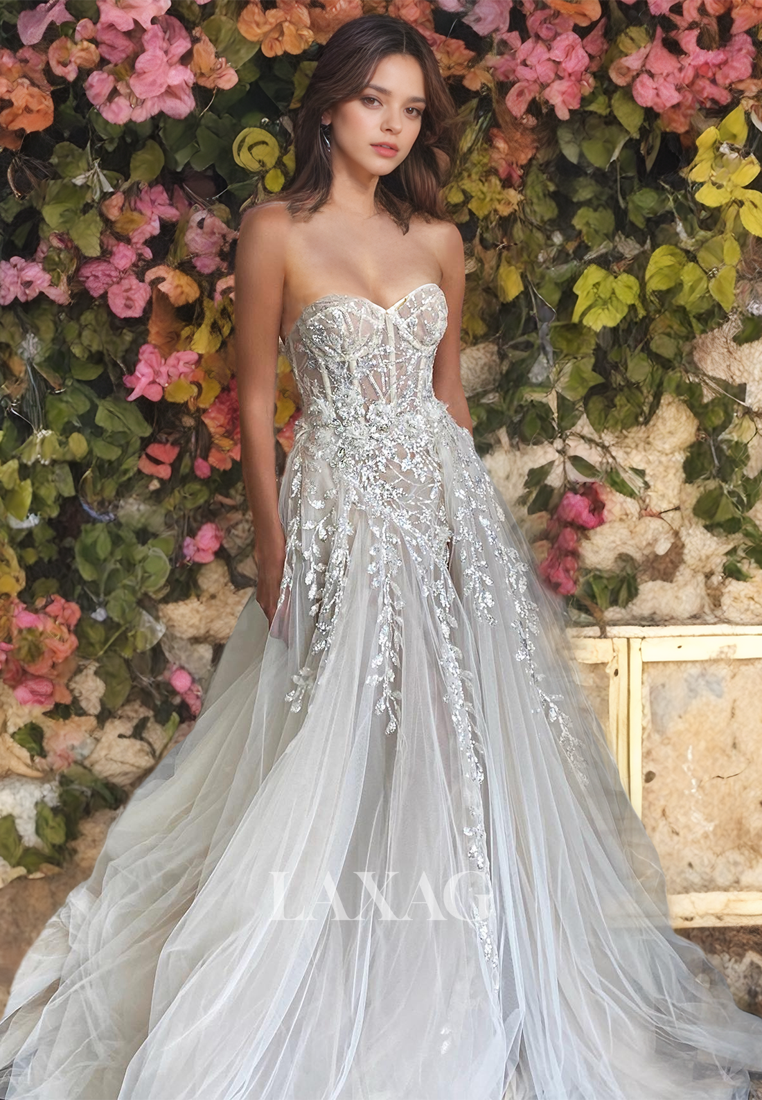 15558 - Sweetheart Bone Bodice Beaded Floral Thigh Slit Wedding Dress